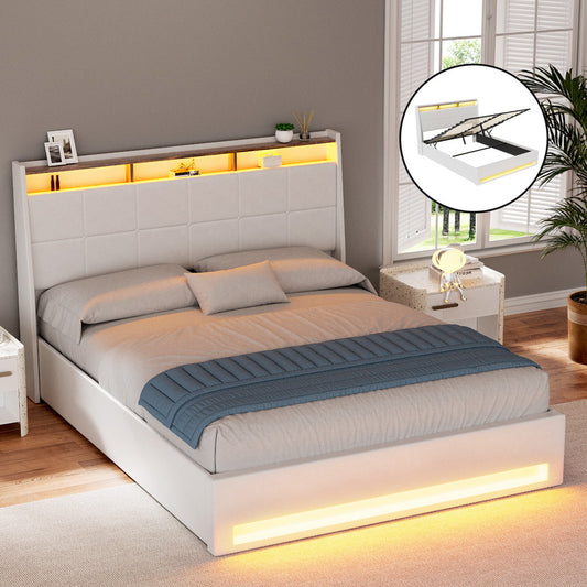 Artiss Bed Frame Gas Lift LED Beds Base Platform White PVC Leather Storage Headboard - Double