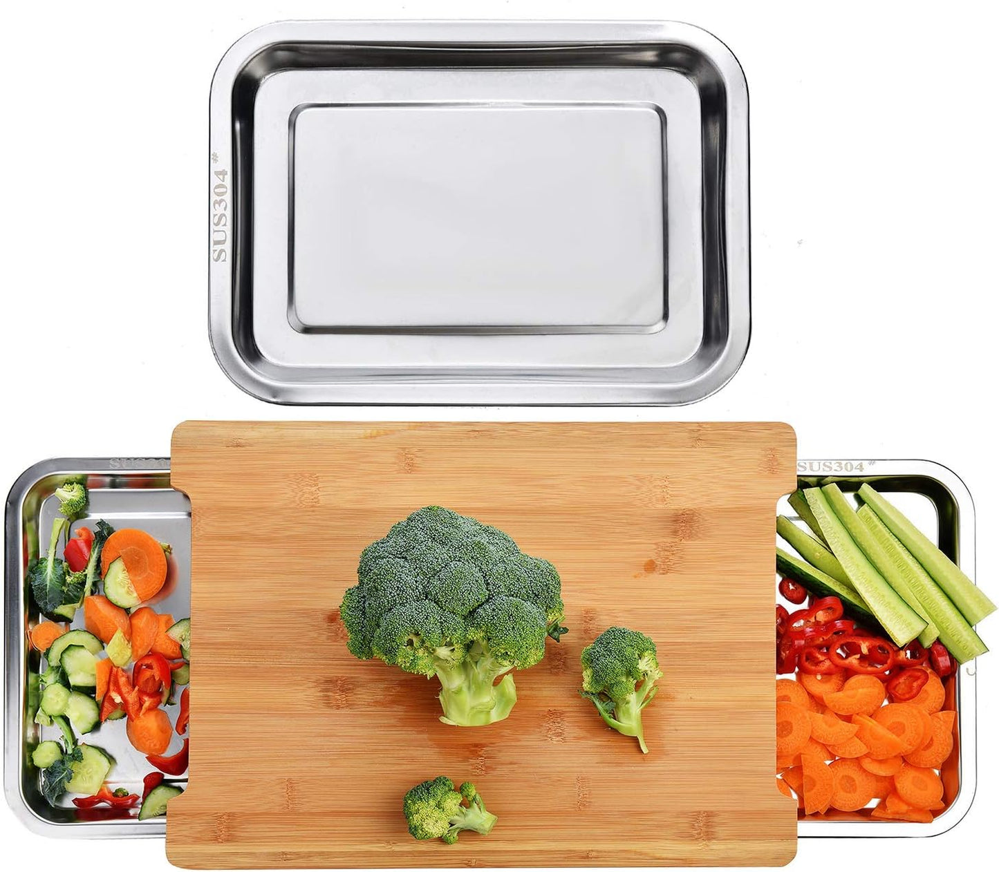 Chopping Board with 2 Organiser Stainless Steel Trays/Containers