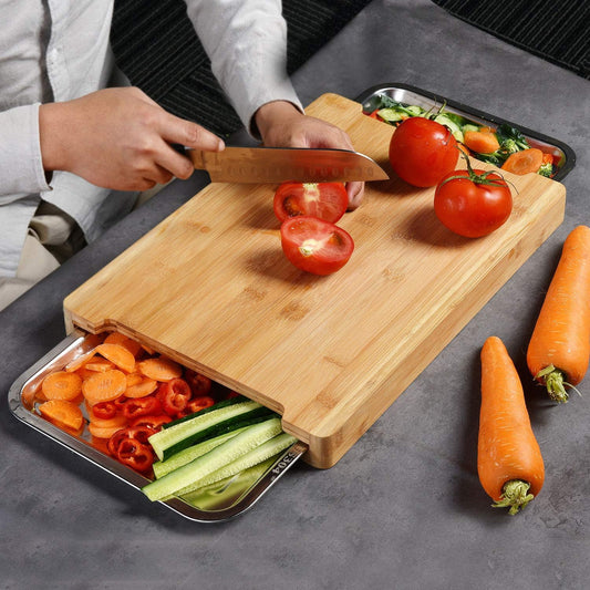Chopping Board with 2 Organiser Stainless Steel Trays/Containers