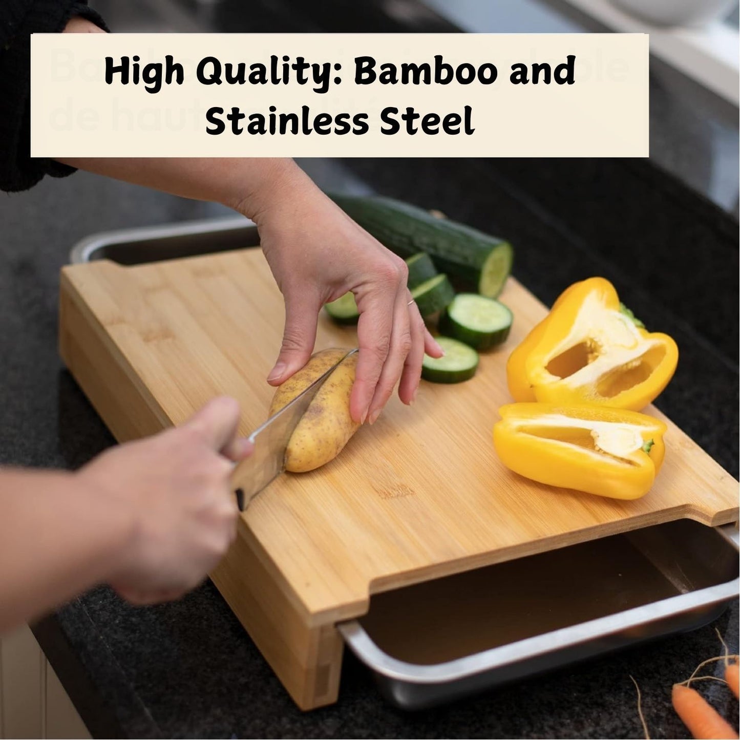 Chopping Board with 2 Organiser Stainless Steel Trays/Containers