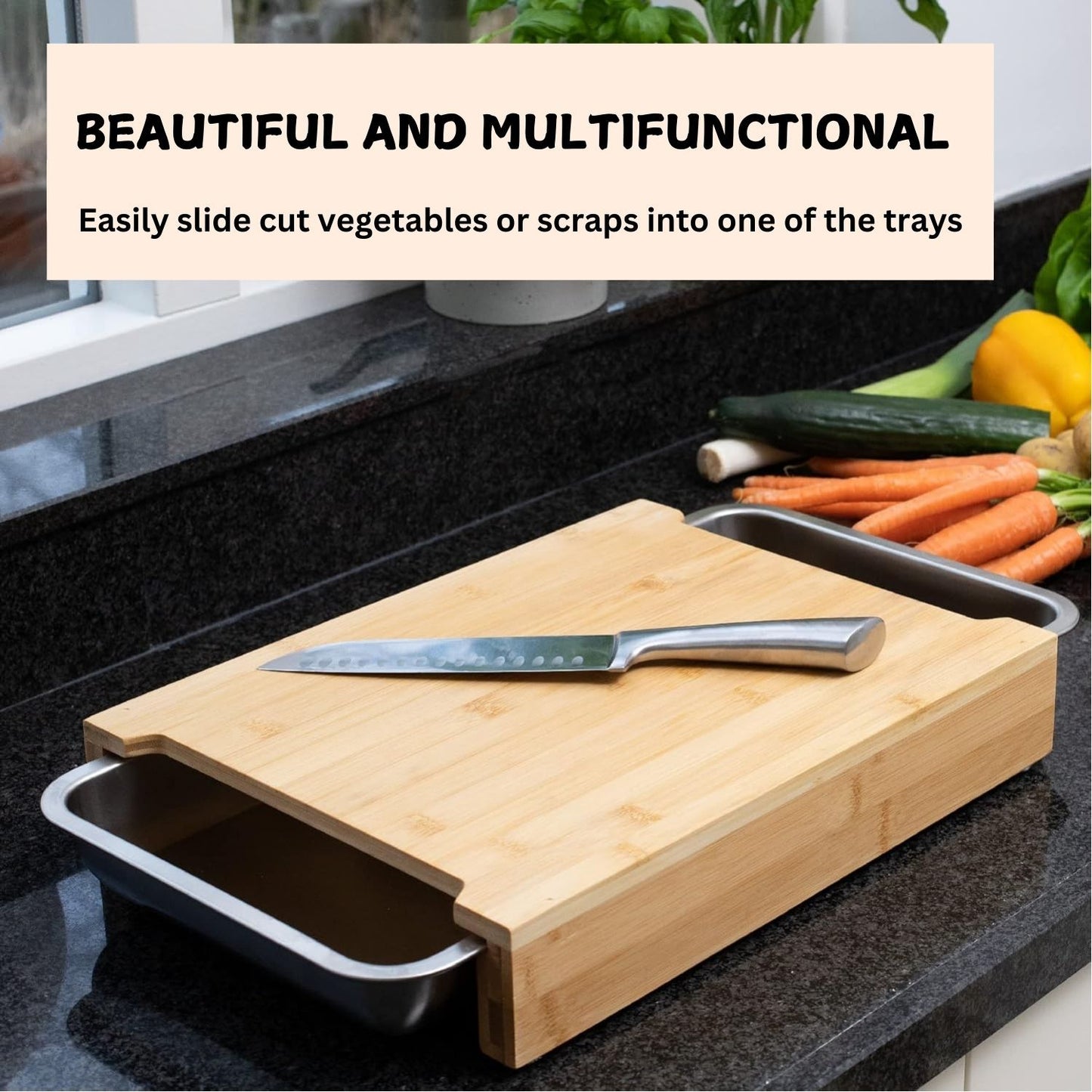 Chopping Board with 2 Organiser Stainless Steel Trays/Containers
