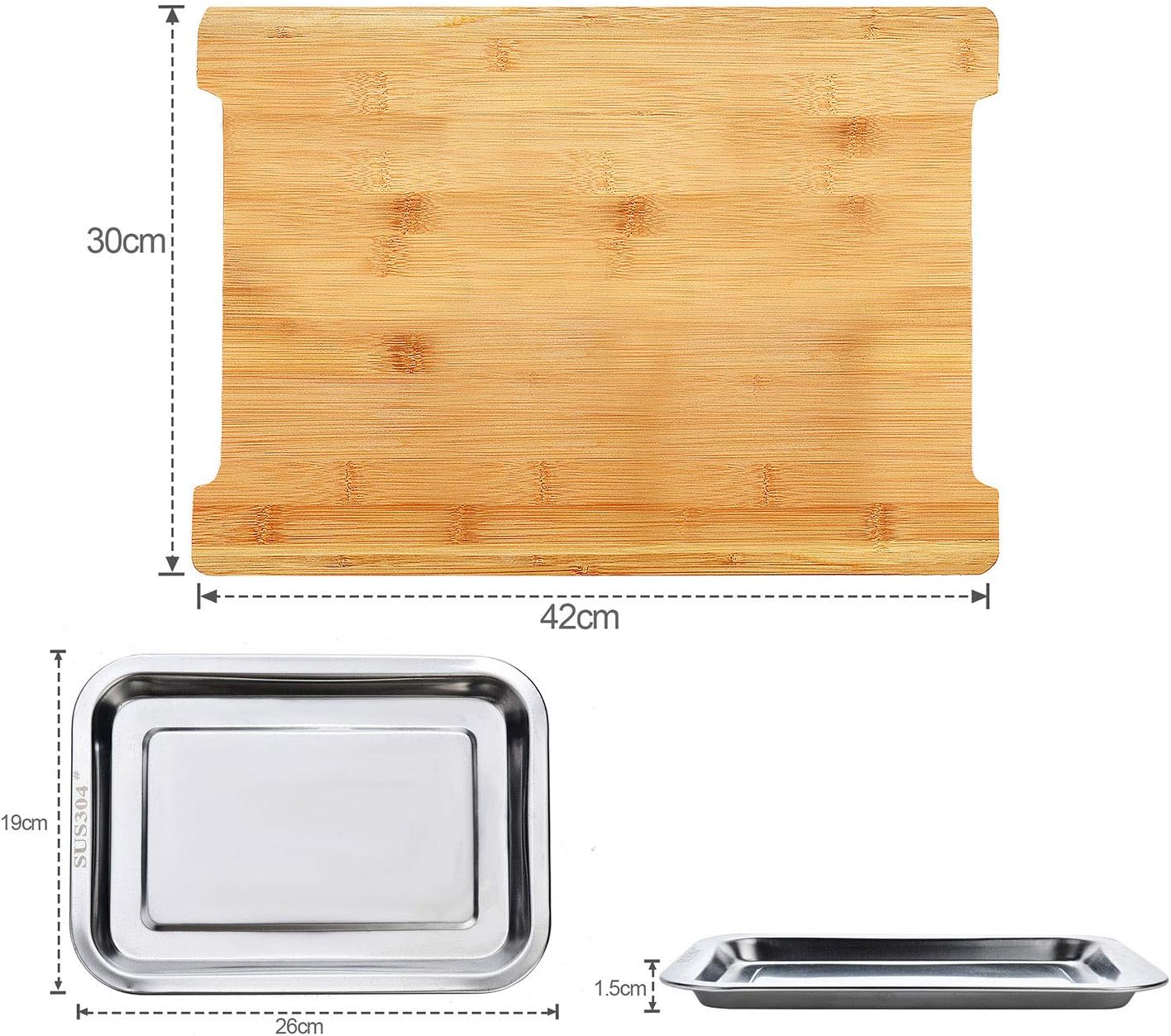 Chopping Board with 2 Organiser Stainless Steel Trays/Containers
