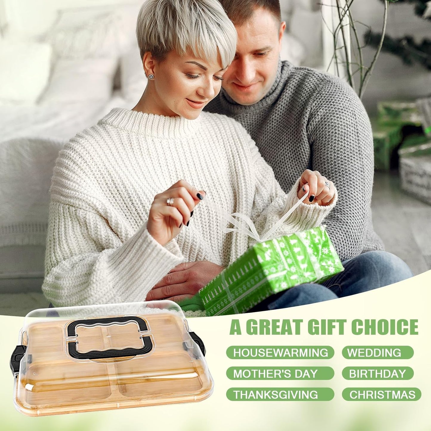 CARLA HOME Bamboo Charcuterie Board with Lid & Handle ideal Gift for Kitchen, Party & Picnic (6 Compartments)
