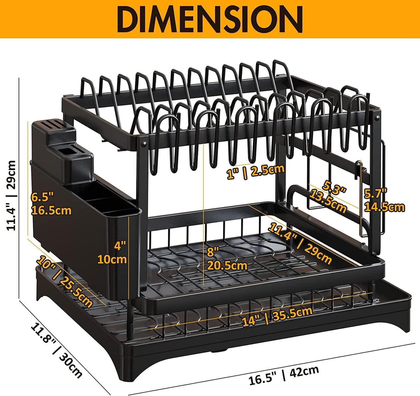 CARLA HOME 2-Tier Dish Drying Rack with Drainage Tray, Utensil Holder, Cup Hooks & Cutting Board Slot for Countertop Kitchen Storage (Black)
