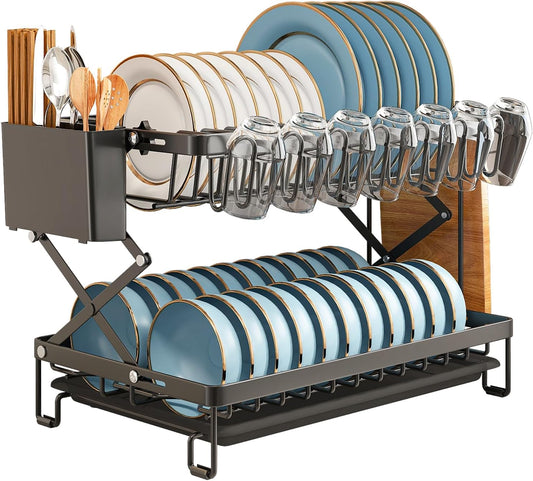 CARLA HOME 2-Tier Dish Drying Rack with Drainage Tray, Utensil Holder, Cup Hooks & Cutting Board Rack for Kitchen (Black)