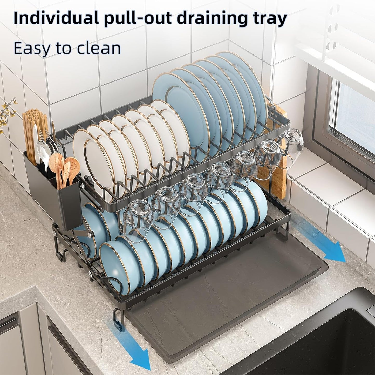 CARLA HOME 2-Tier Dish Drying Rack with Drainage Tray, Utensil Holder, Cup Hooks & Cutting Board Rack for Kitchen (Black)