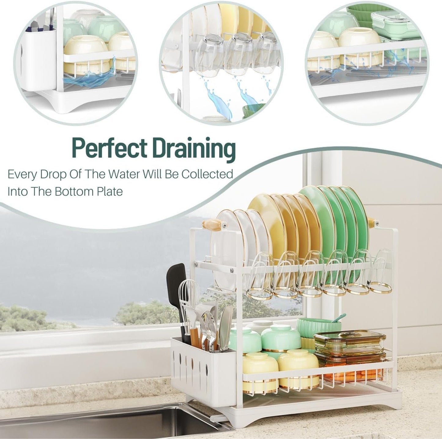 CARLA HOME 2-Tier Large Dish Drying Rack with Drainboard, Utensil Holder, Glass Hooks & Cutlery Storage (White)
