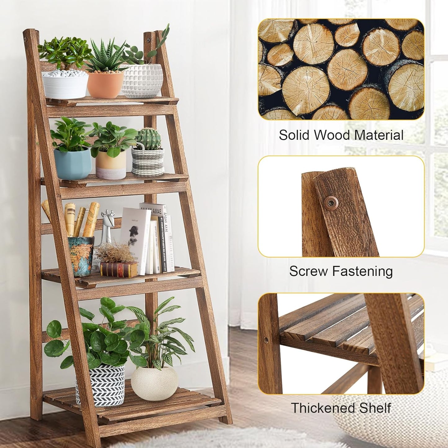 Rustic Wood 4 Tier Plant Stand Bookshelf 38CM Corner Shelf