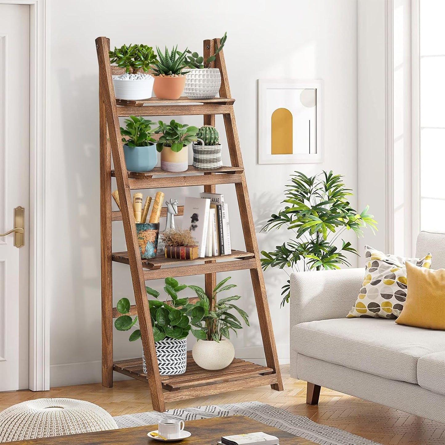 Rustic Wood 4 Tier Plant Stand Bookshelf 38CM Corner Shelf