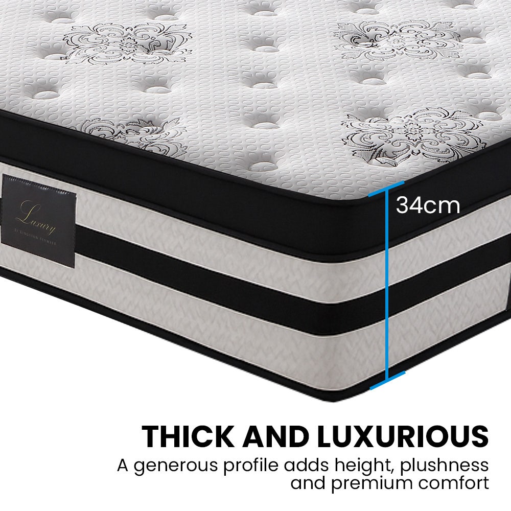 KINGSTON SLUMBER Luxury 34cm King Single Mattress, Medium Firm, Euro Top, 5-Zone Pocket Spring Foam