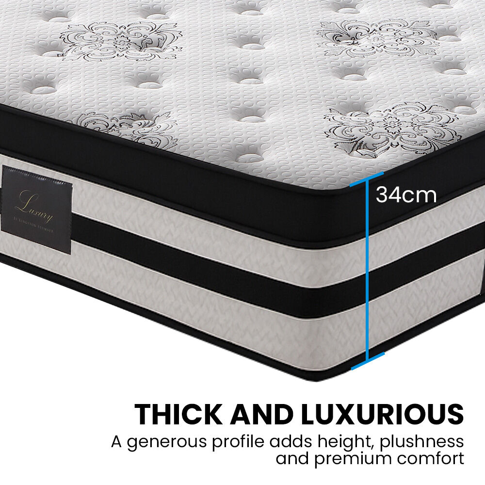 KINGSTON SLUMBER Luxury 34cm Queen Mattress, Medium Firm, Euro Top, 5-Zone Pocket Spring Foam