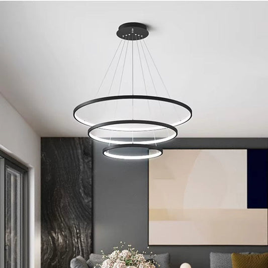 BAMDECOR 18801 Modern LED Chandelier, Dimmable Pendant Light with Remote Control Rings Round Ceiling Lighting Fixture 3 Color Temperatures Contemporary Chandeliers (3 Rings-Black)