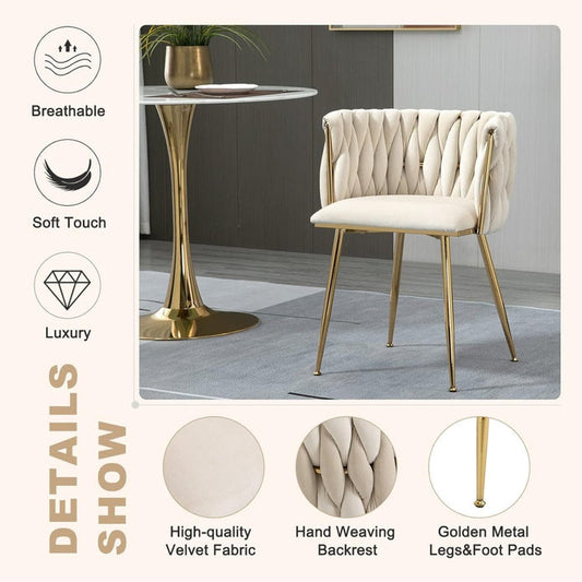 SERENITà Ivory Modern Hand Weaving Dining Chairs,Velvet Upholstered Side Chairs with Gold Legs, Chic Vanity Chairs with Armrest, Accent Chair for Dining Room, and Cafe Set of 2
