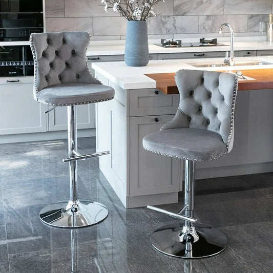 SERENITà Gray Velvet Bar Stools Adjustable Swivel Counter Height Chairs with Tufted Back and Nailhead Trim for Kitchen Island Pub Restaurant (2Pcs, Chrome Metal, Grey)