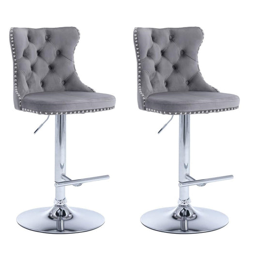 SERENITà Gray Velvet Bar Stools Adjustable Swivel Counter Height Chairs with Tufted Back and Nailhead Trim for Kitchen Island Pub Restaurant (2Pcs, Chrome Metal, Grey)