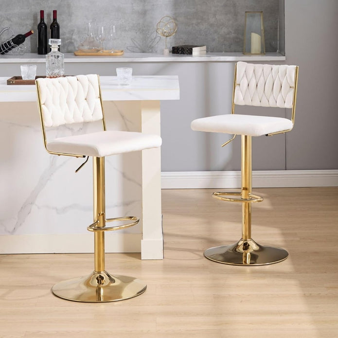 SERENITà 2x Velvet Bar Stools with Braided Back Elegant Kitchen High Chairs, Kitchen Island Stools Adjustable Height Swivel Bar Chairs with Gold Legs for Home-White