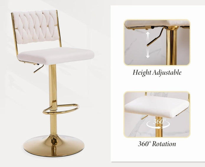SERENITà 2x Velvet Bar Stools with Braided Back Elegant Kitchen High Chairs, Kitchen Island Stools Adjustable Height Swivel Bar Chairs with Gold Legs for Home-White