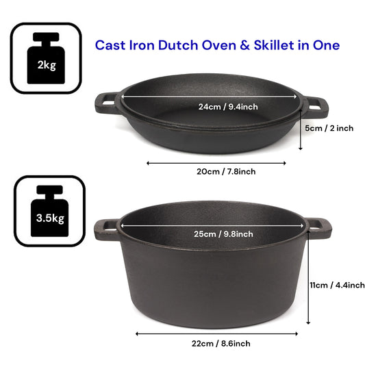 26cm 2-in-1 Cast Iron Dutch Oven & Skillet Set  Pre-Seasoned Dual-Use Pot with Lid Fry Pan, Durable & Versatile Cookware