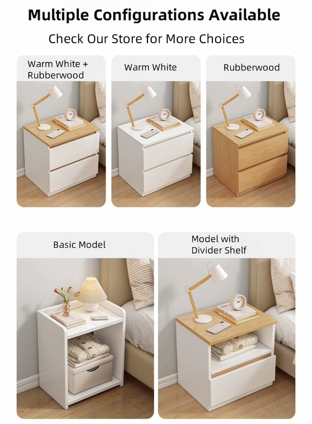 Modern Nightstand Warm White Open Storage Finger Pull Drawer Compact 47cm