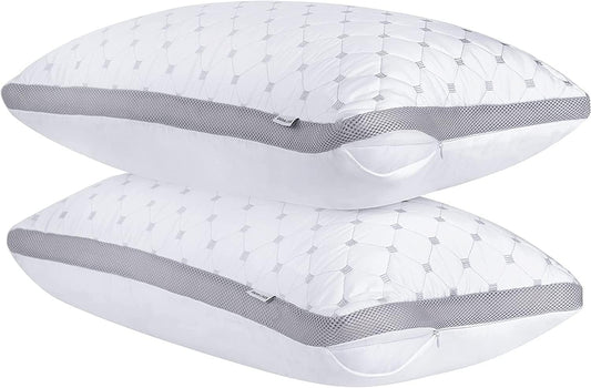 Premium Bamboo Cooling Twin Pack Plush Down-Like Pillows - Medium to High Profile (2PCS) - with Free 2 Quilted Pillow Protectors (Improved Version)