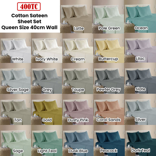 400TC 100% Cotton Sateen Premium Sheet Set 40cm Wall Grey Queen
