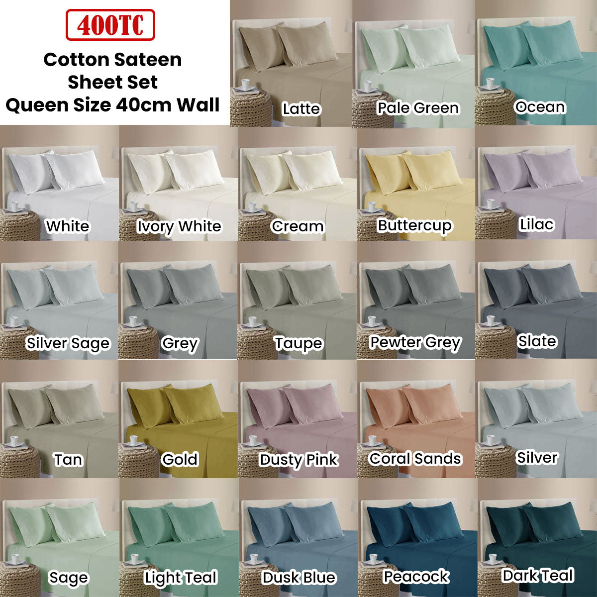 400TC 100% Cotton Sateen Premium Sheet Set 40cm Wall White Queen