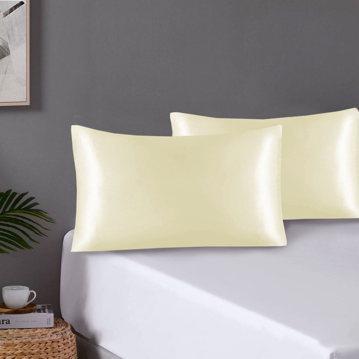 Pair of Standard Satin Silk Pillowcases with Envelope Closure 51 x 76 cm Ivory