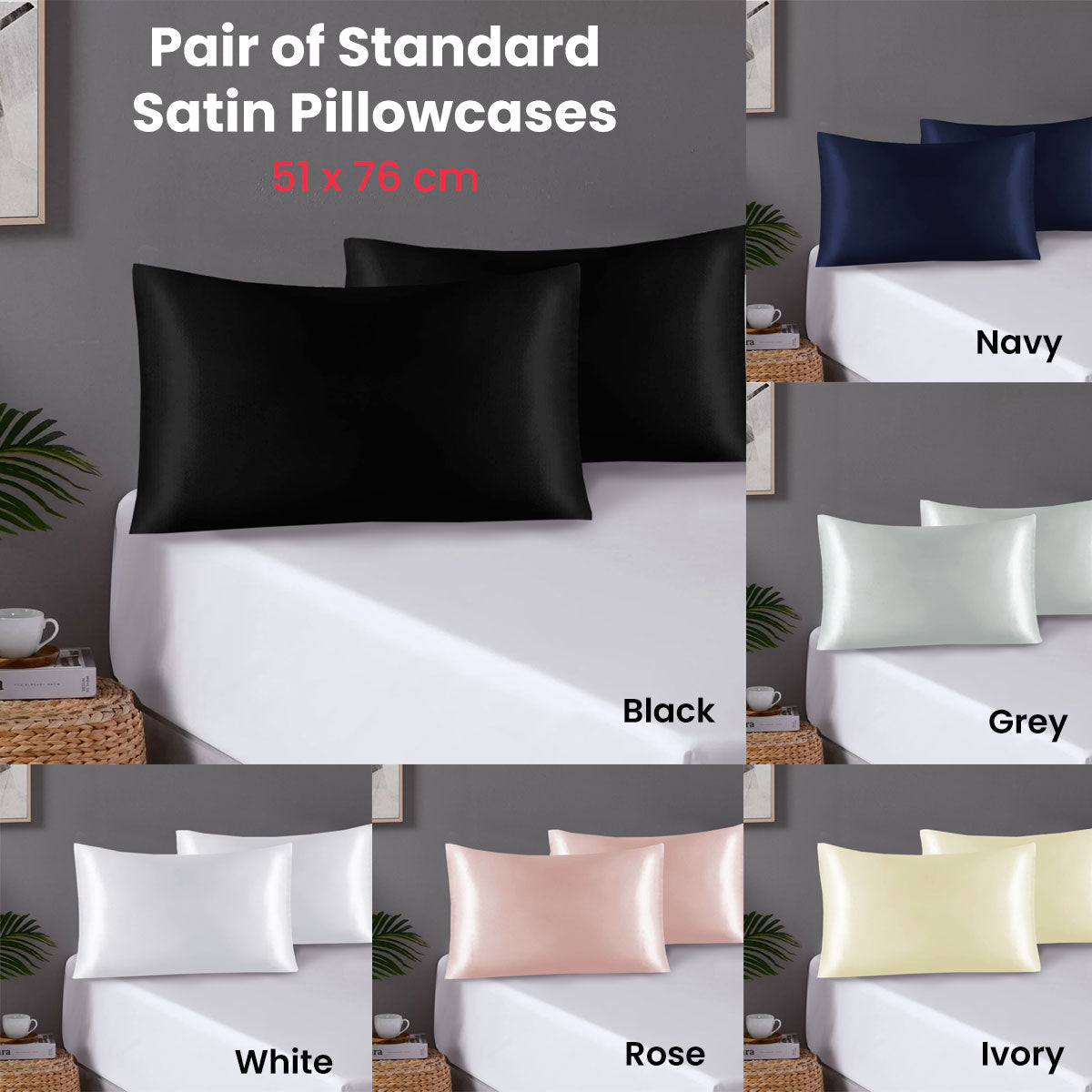 Pair of Standard Satin Silk Pillowcases with Envelope Closure 51 x 76 cm Rose