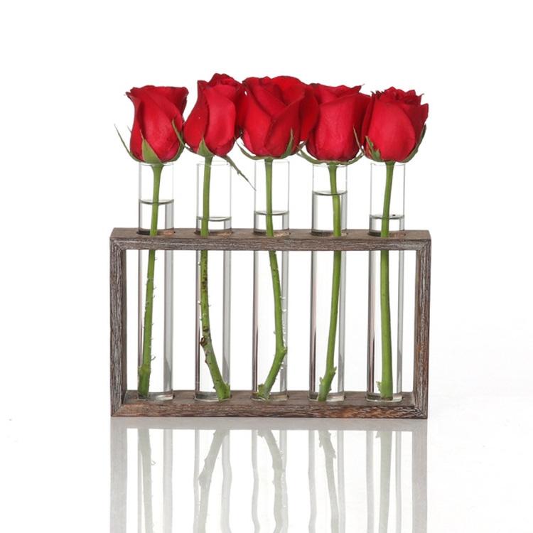 Minimalist Hydroponic Glass Vase with Wooden Frame for Coffee Shop Decor
