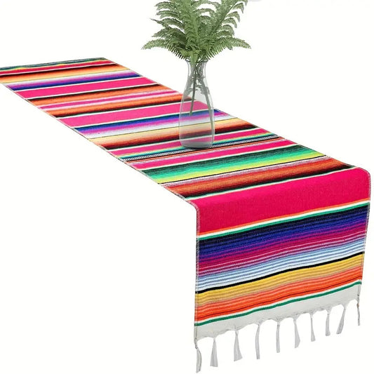 Rainbow Table Cloth Runner Stripe w/ Tassel Mexican Tablecloth