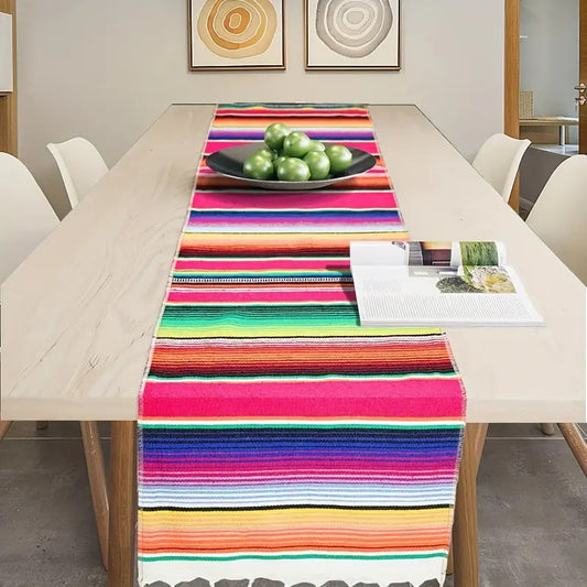 Rainbow Table Cloth Runner Stripe w/ Tassel Mexican Tablecloth