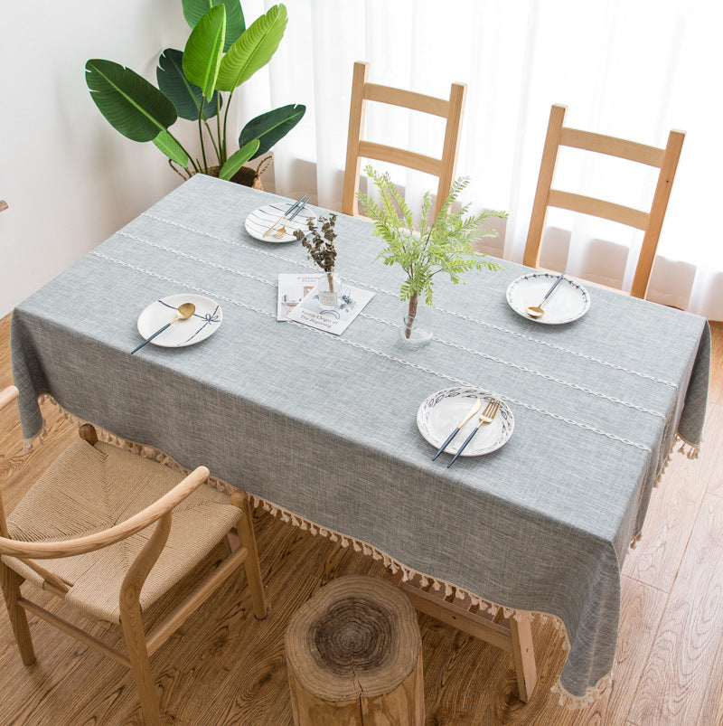 140x200cm Grey Striped Cotton Linen Embroidered Tassel Tablecloth