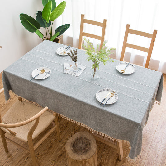 140x200cm Grey Striped Cotton Linen Embroidered Tassel Tablecloth