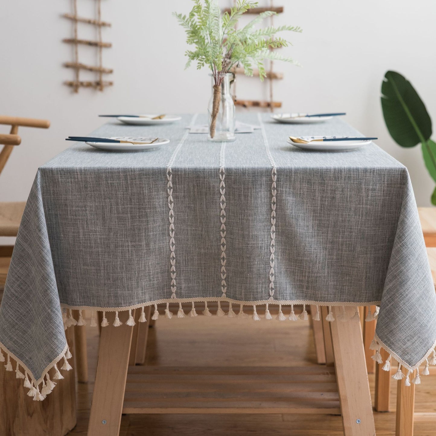 140x200cm Grey Striped Cotton Linen Embroidered Tassel Tablecloth