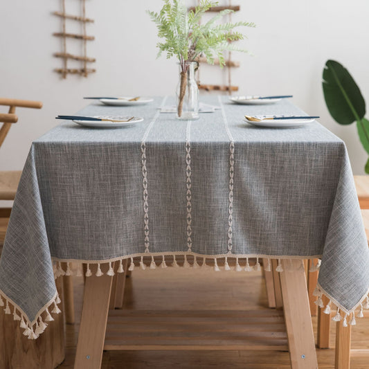 140x200cm Grey Striped Cotton Linen Embroidered Tassel Tablecloth