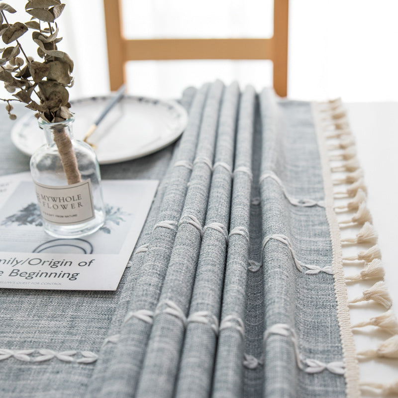 140x200cm Grey Striped Cotton Linen Embroidered Tassel Tablecloth