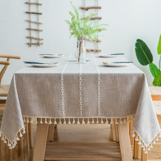 140x200cm Beige Striped Cotton Linen Embroidered Tassel Tablecloth