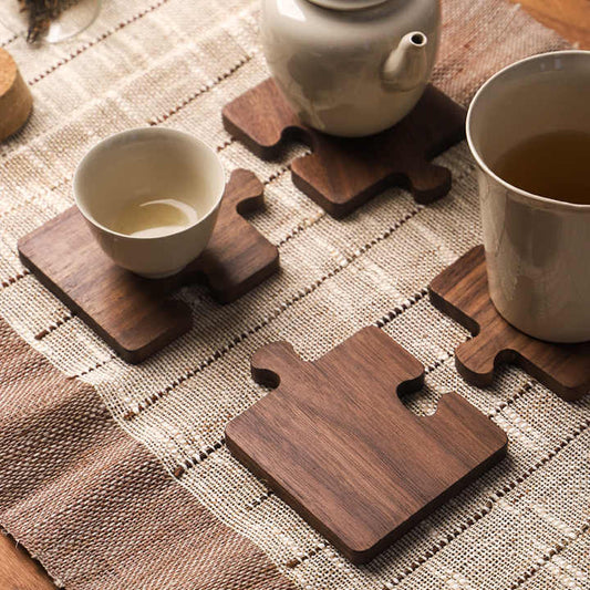 Reddish Brown Natural Black Walnut Wooden Coasters, Heat-Resistant Tea Cup Pads, Puzzle-Shaped Drink Mats, Eco-Friendly Tea Accessories Set