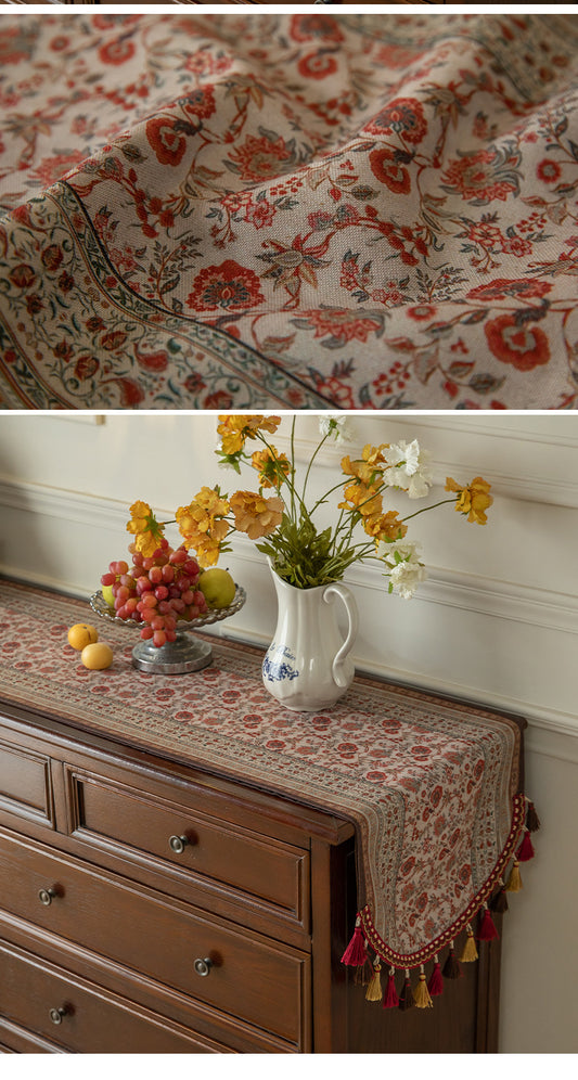 Red Vintage Bohemian Tassel Table Runner - 40x180cm Decorative Linen