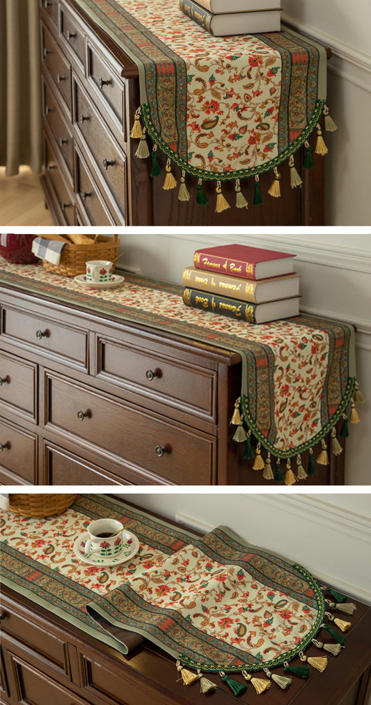 Green Vintage Bohemian Tassel Table Runner - 40x180cm Decorative Linen