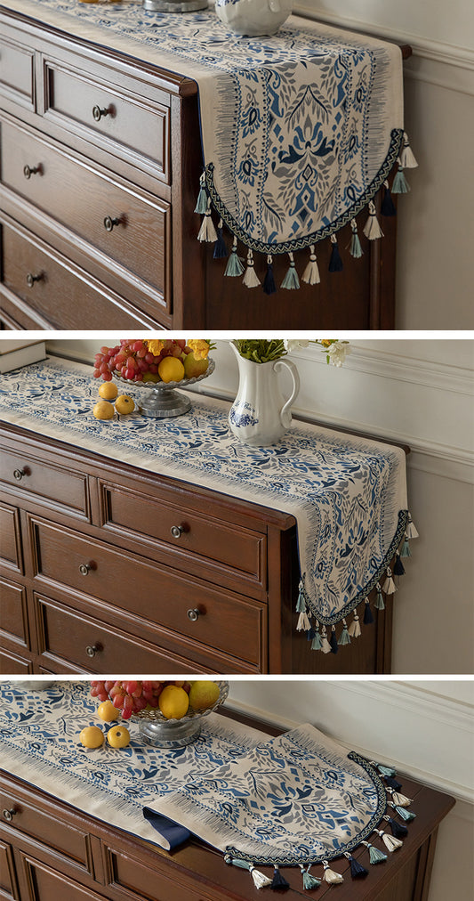 Blue Vintage Bohemian Tassel Table Runner - 40x180cm Decorative Linen