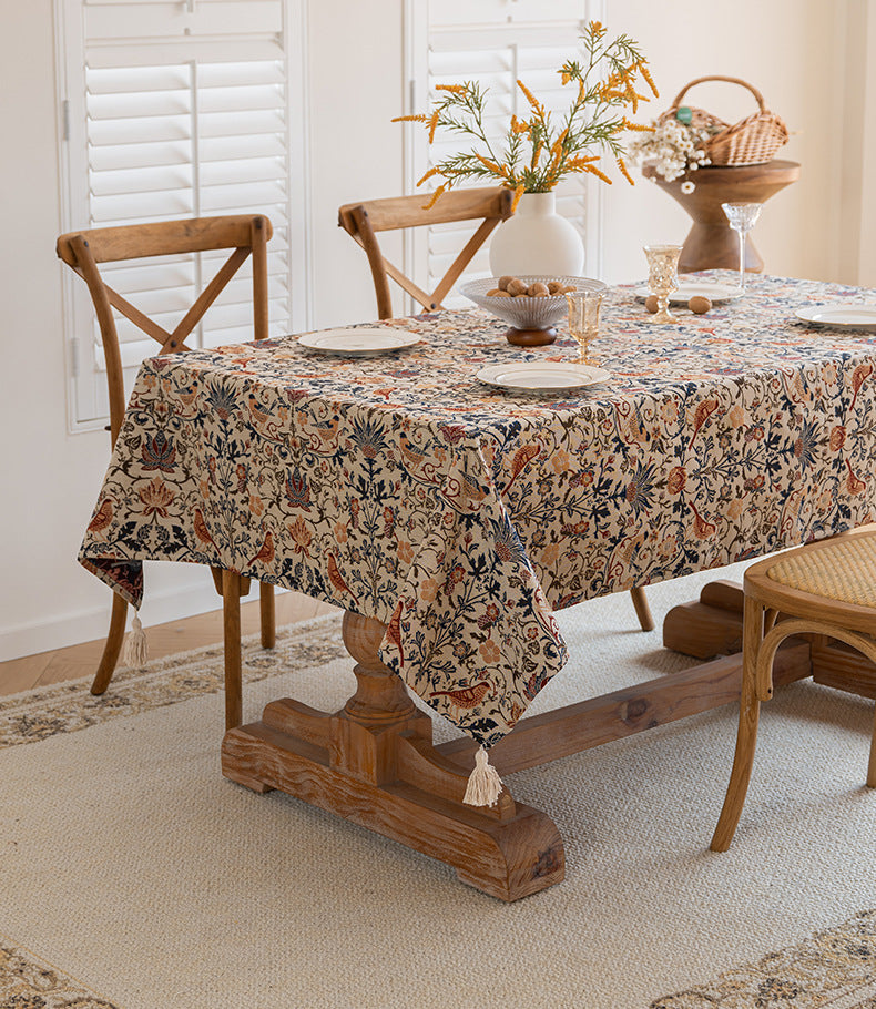 Floral Vintage Bird Tassel Tablecloth | Vintage Cotton and Linen Jacquard Tablecloth, 90x90cm