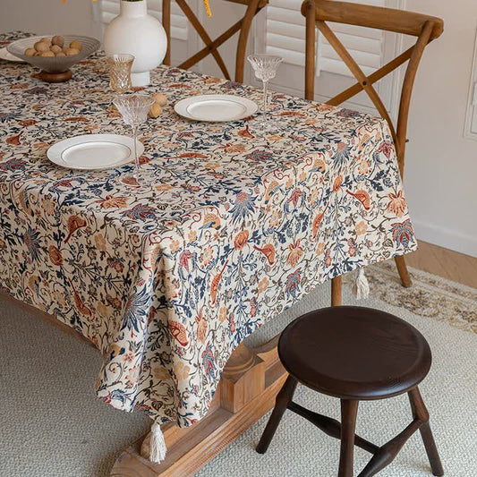 Floral Vintage Bird Tassel Tablecloth | Vintage Cotton and Linen Jacquard Tablecloth, 90*140cm