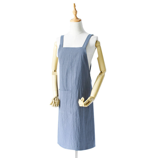 Blue Cotton Linen H-Back Apron - Solid Color Kitchen Cooking Apron with Pocket