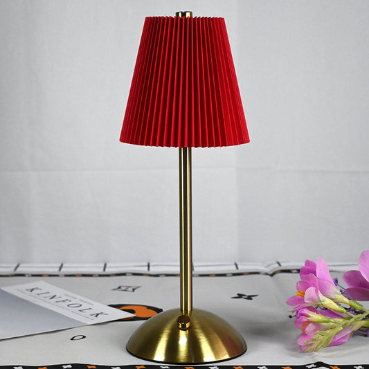 Red Elegant Pleated Fabric Table Lamp - 3-Color LED, USB Rechargeable, Touch Dimming