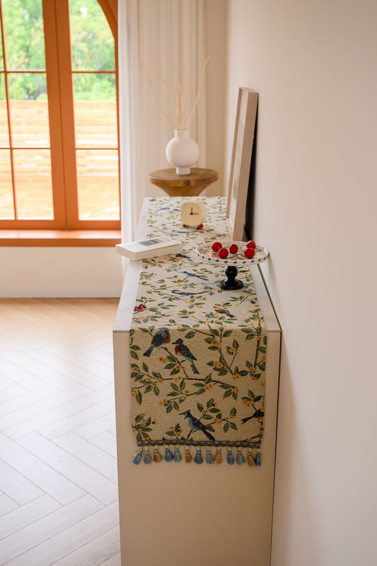 2 PCS Birds & Branch Table Runner - Jacquard Woven Beige with Tassels (33X120CM)
