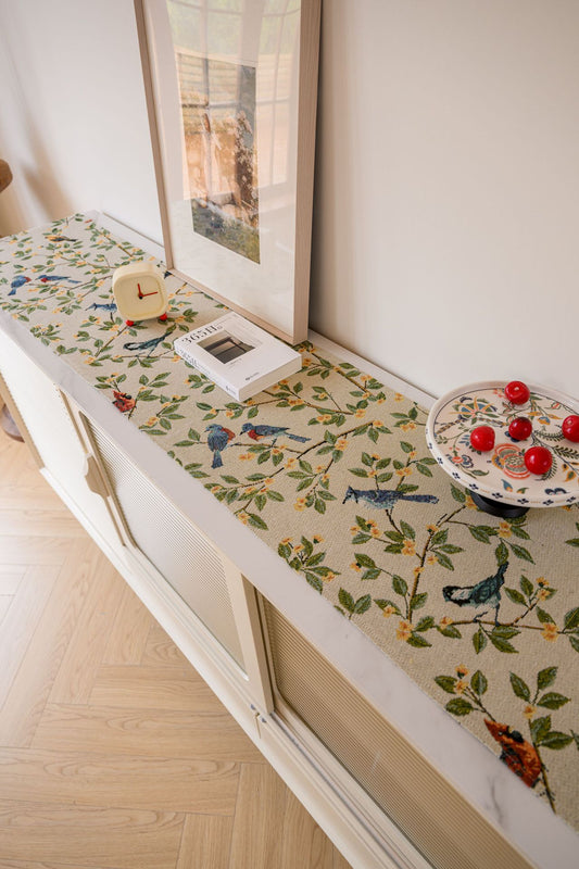 Birds & Branch Table Runner - Jacquard Woven Beige with Tassels(33X160CM)