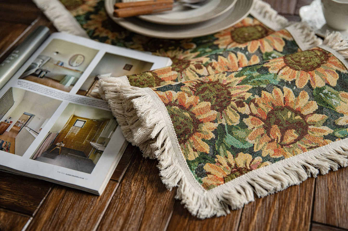 2 PCS Sunflower Table Runner with Fringe - Jacquard Woven Cotton Blend (30x120cm)