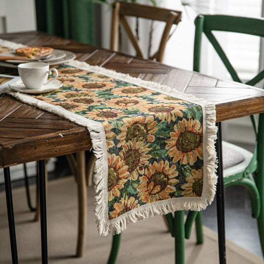 Sunflower Table Runner with Fringe - Jacquard Woven Cotton Blend (30x275cm)