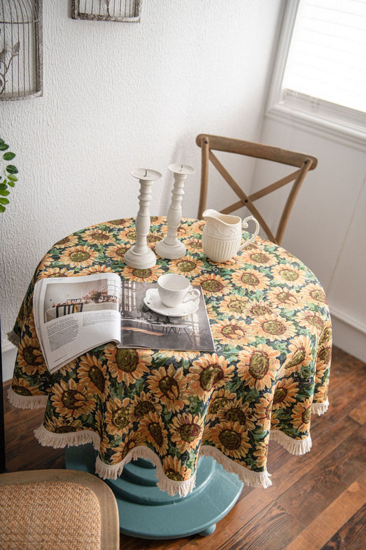 Round Sunflower Tablecloth - Jacquard Woven Cotton with Fringe Trim (90cm)